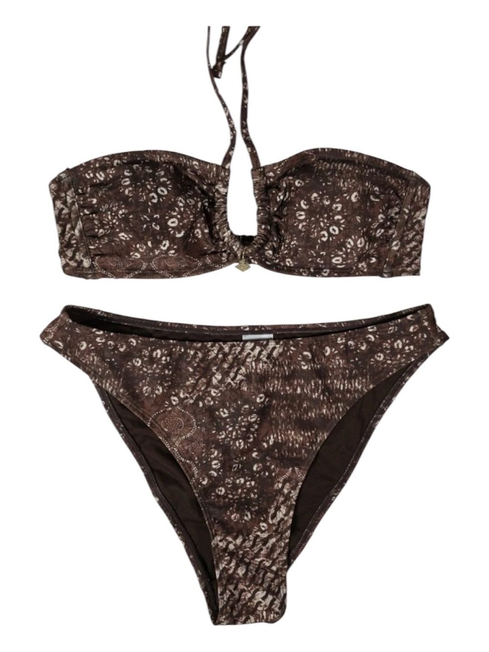 No Boundaries Bikini Brown Print Bandeau Cheeky High Leg Top-L Bottom M 8-10 NWT